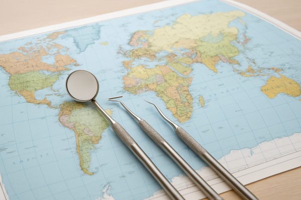 Dental tools placed on a world map symbolizing international dental internships