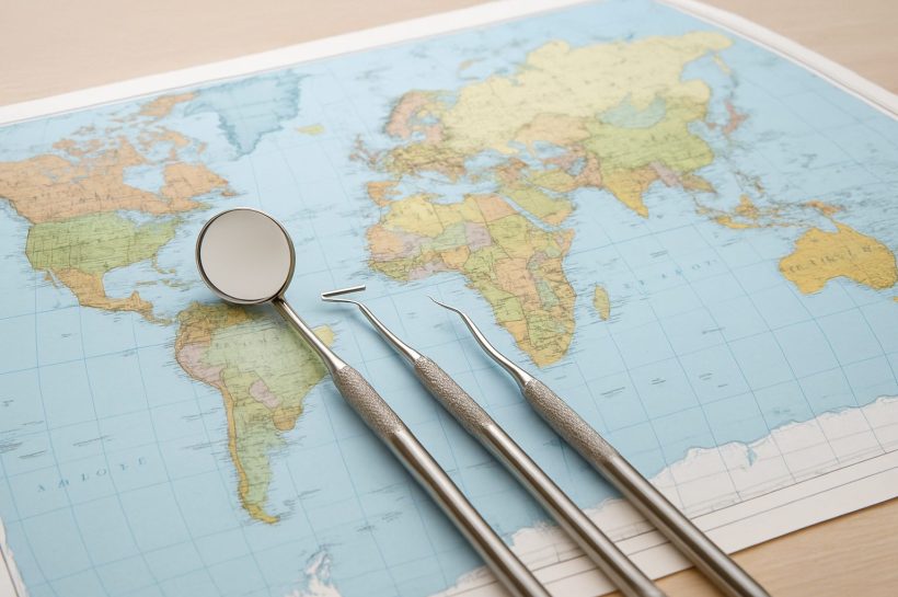 Dental tools placed on a world map symbolizing international dental internships
